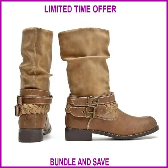 Women's Mid-Calf Motorcycle Boots Buckle Straps Pull-On Low Heel Slouchy